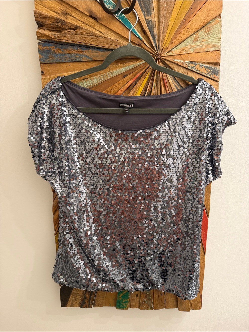 Express Silver Sequin Short Sleeve Top